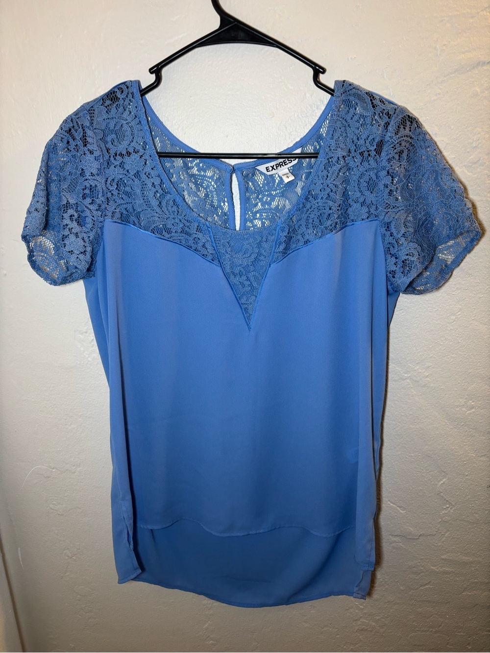 Express Light Blue Lace Yoke Short Sleeve Top